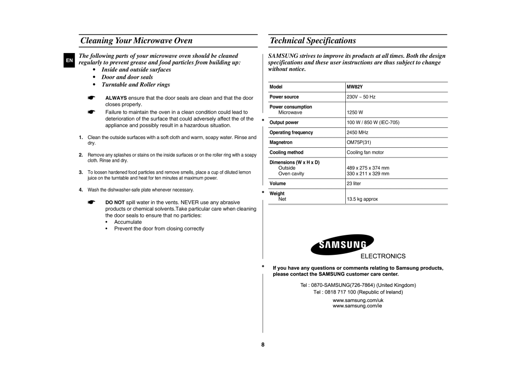 Samsung MW82Y-S/SLI manual Cleaning Your Microwave Oven, Technical Specifications 