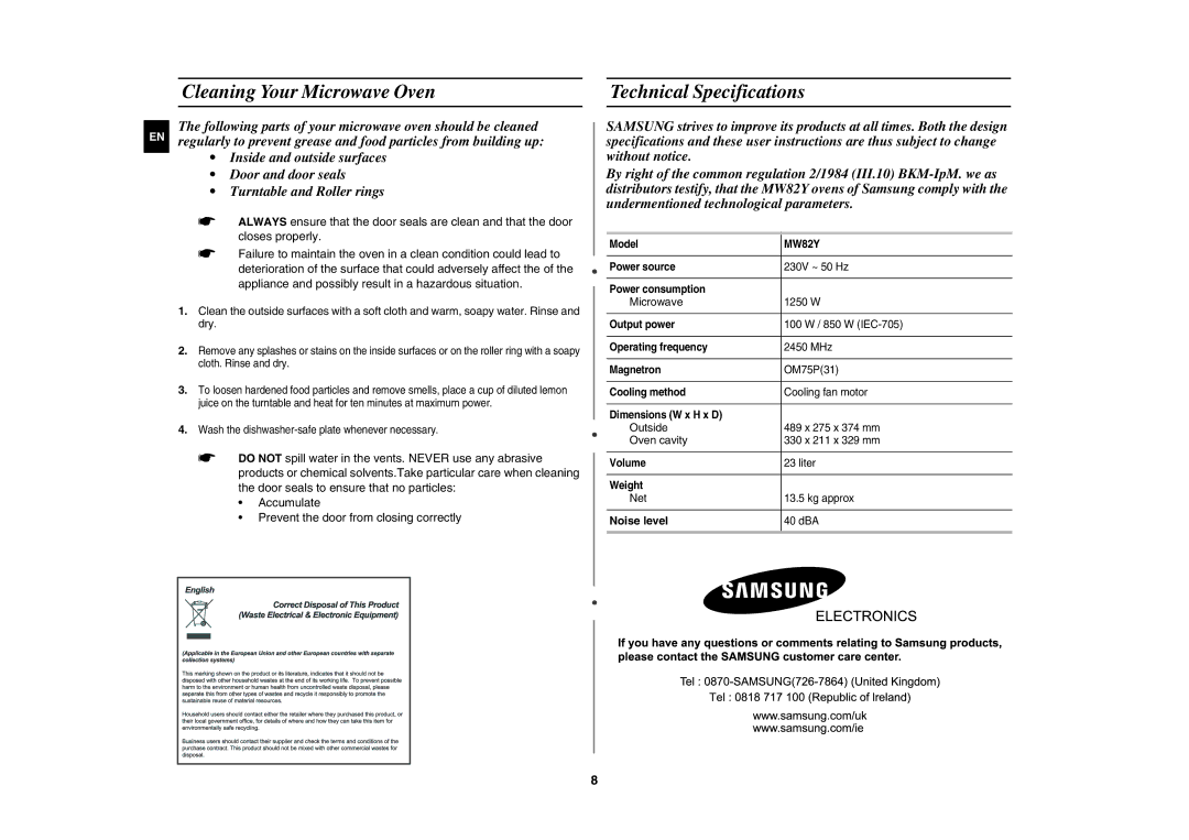 Samsung MW82Y-S/XEH manual Cleaning Your Microwave Oven, Technical Specifications 