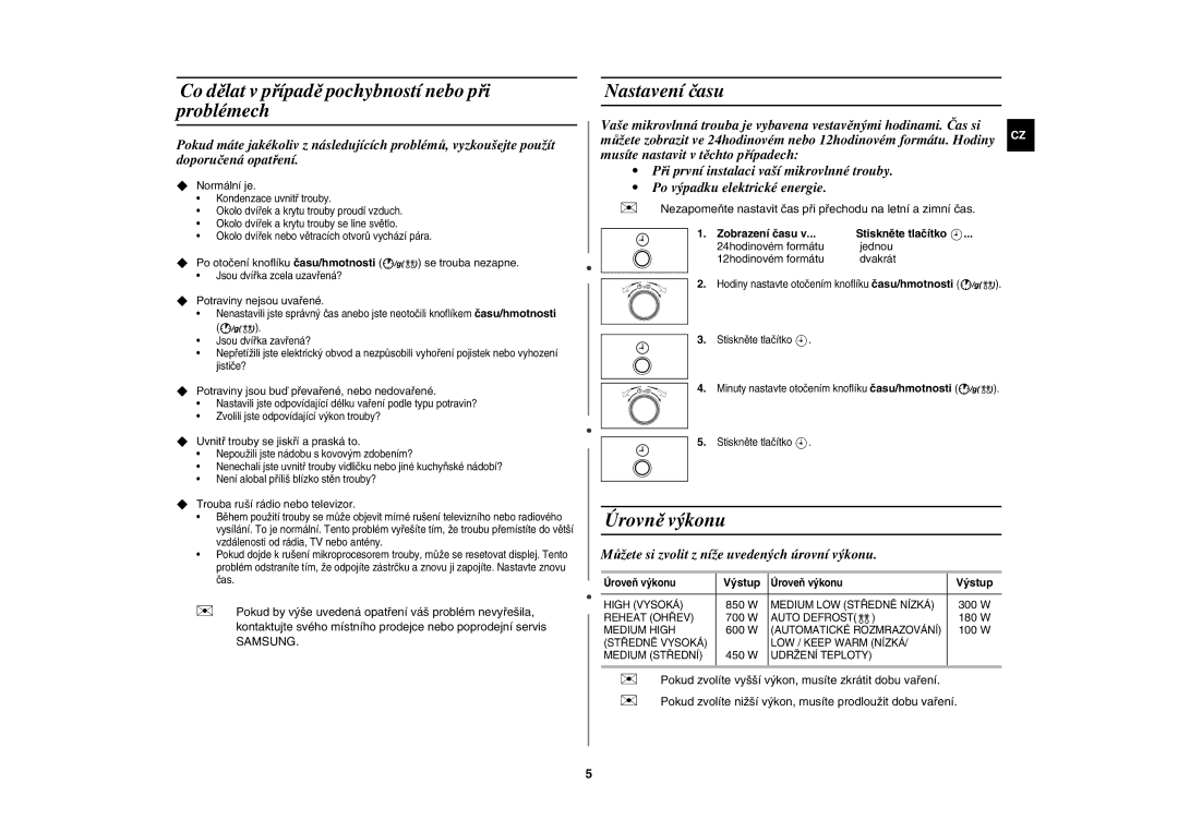 Samsung MW82Y-S/XEH manual Co dělat v případě pochybností nebo při problémech, Nastavení času, Úrovně výkonu 