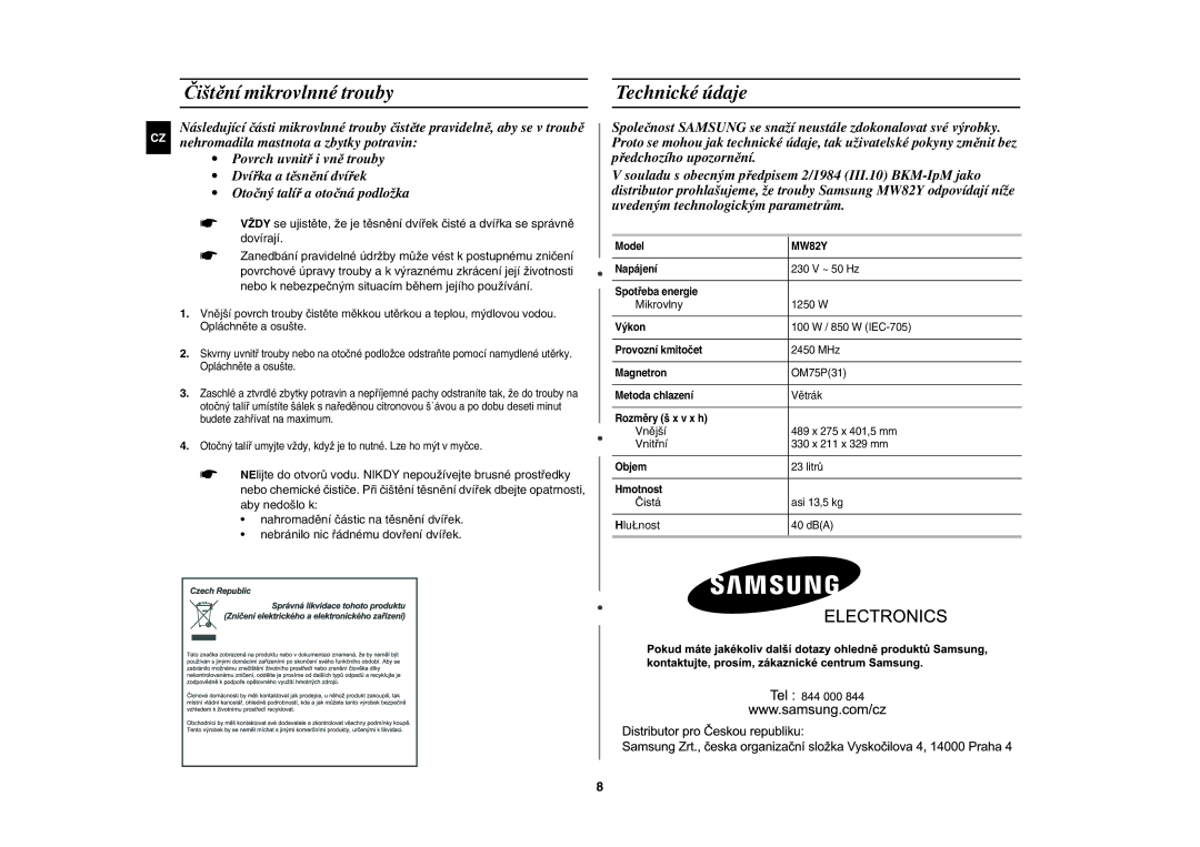 Samsung MW82Y-S/XEH manual Čištění mikrovlnné trouby, Technické údaje 