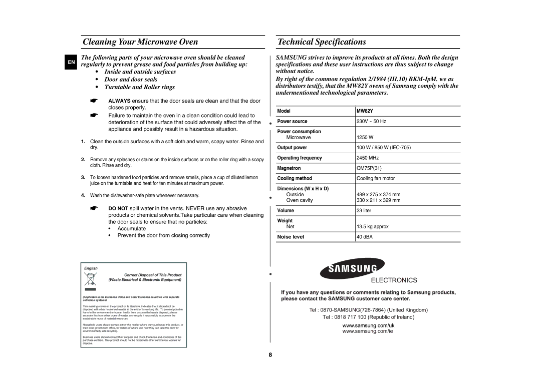 Samsung MW82Y-S/XEH manual Cleaning Your Microwave Oven, Technical Specifications 