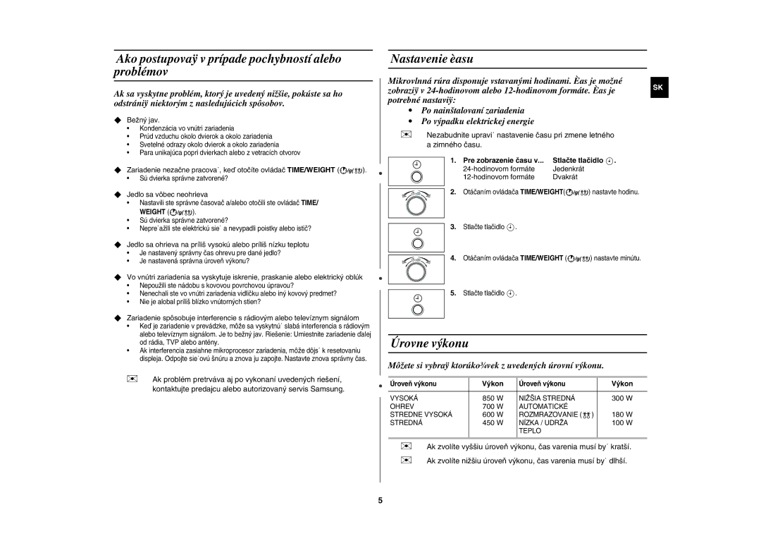 Samsung MW82Y-S/XEH manual Ako postupovaÿ v prípade pochybností alebo problémov, Nastavenie èasu, Úrovne výkonu 