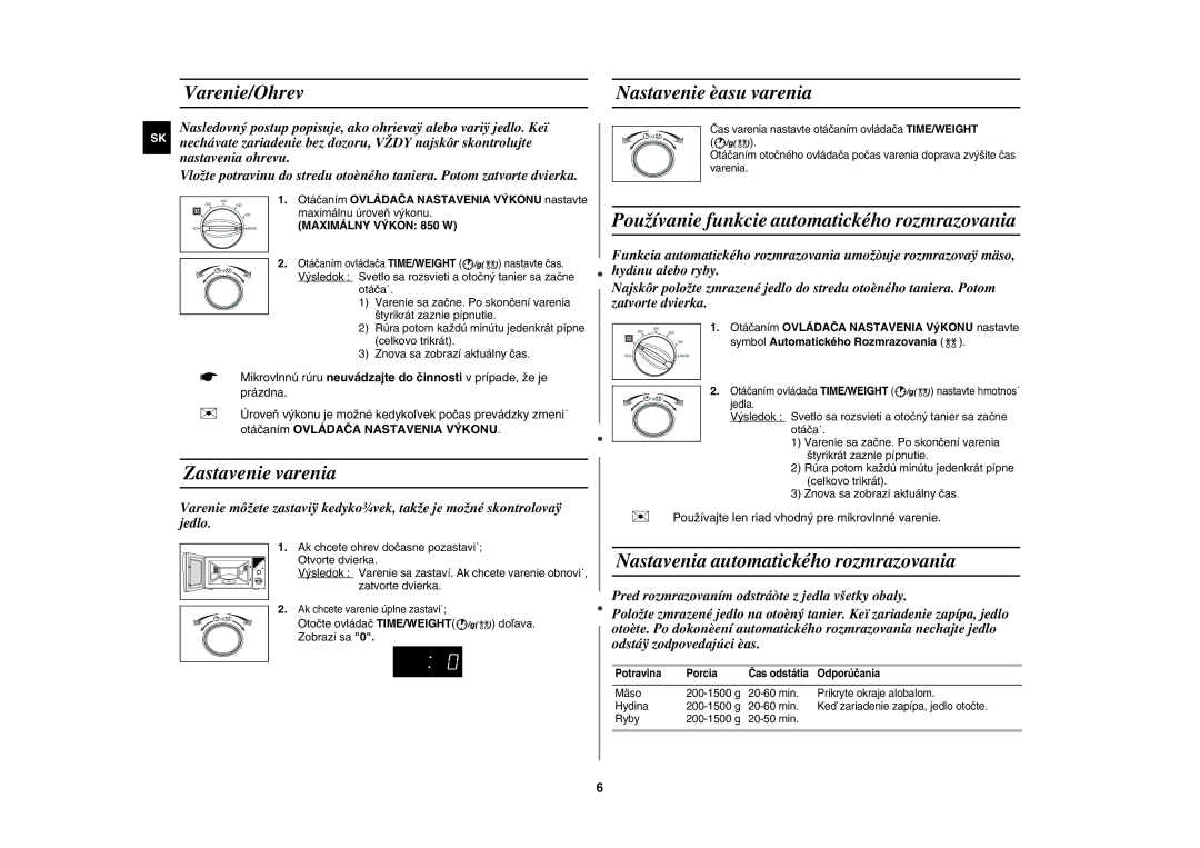 Samsung MW82Y-S/XEH Varenie/Ohrev, Zastavenie varenia, Nastavenie èasu varenia, Nastavenia automatického rozmrazovania 