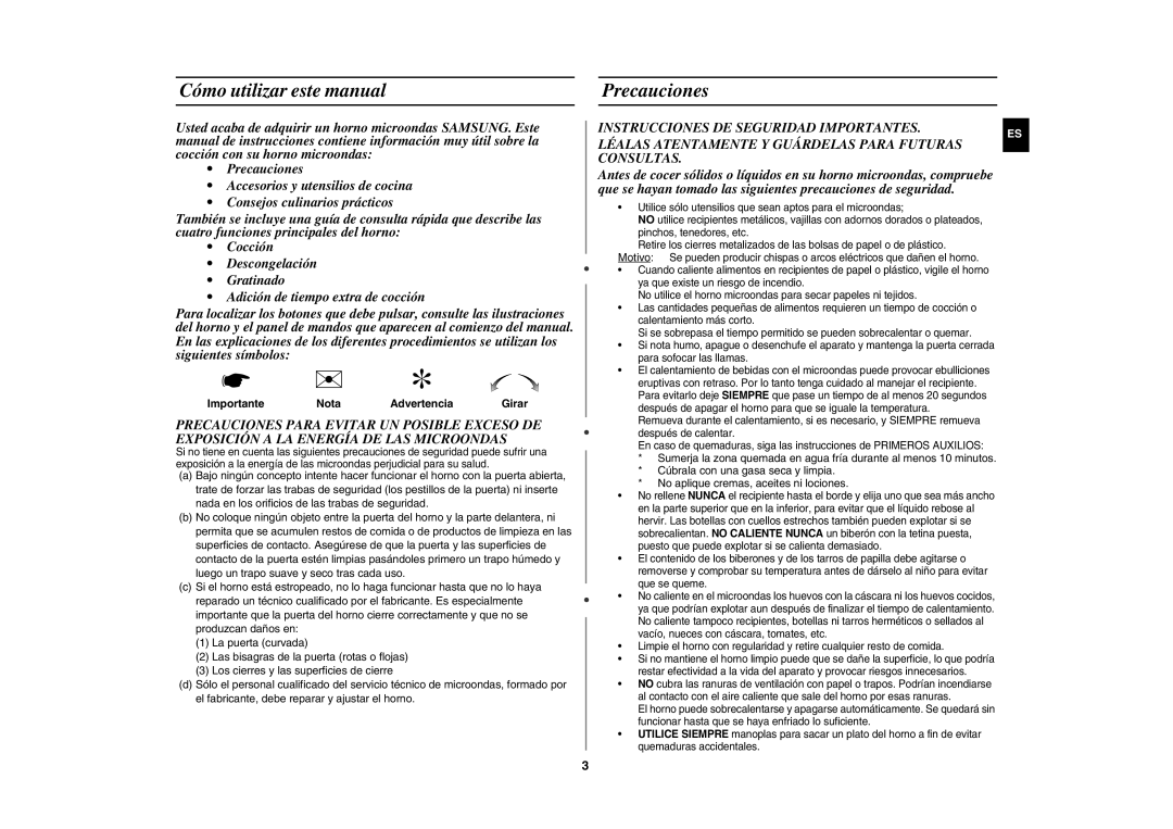 Samsung MW82Y/XEC Cómo utilizar este manual Precauciones, Importante Nota Advertencia 