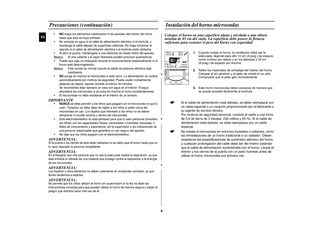 Samsung MW82Y/XEC manual Precauciones continuación, Instalación del horno microondas 