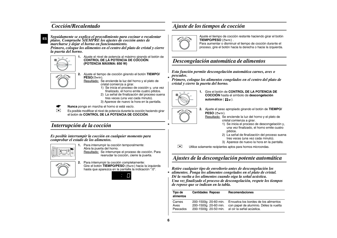 Samsung MW82Y/XEC manual Cocción/Recalentado Ajuste de los tiempos de cocción, Interrupción de la cocción 