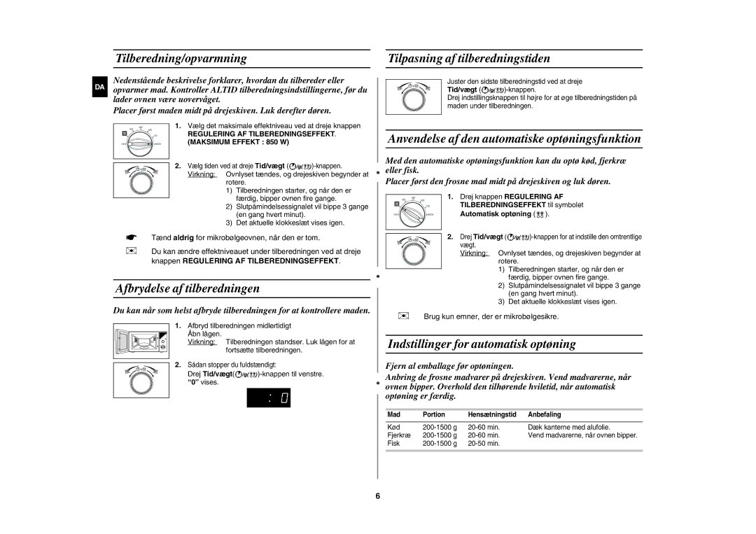 Samsung MW82Y/XEE, MW82Y-S/XEE Tilberedning/opvarmning, Afbrydelse af tilberedningen, Tilpasning af tilberedningstiden 