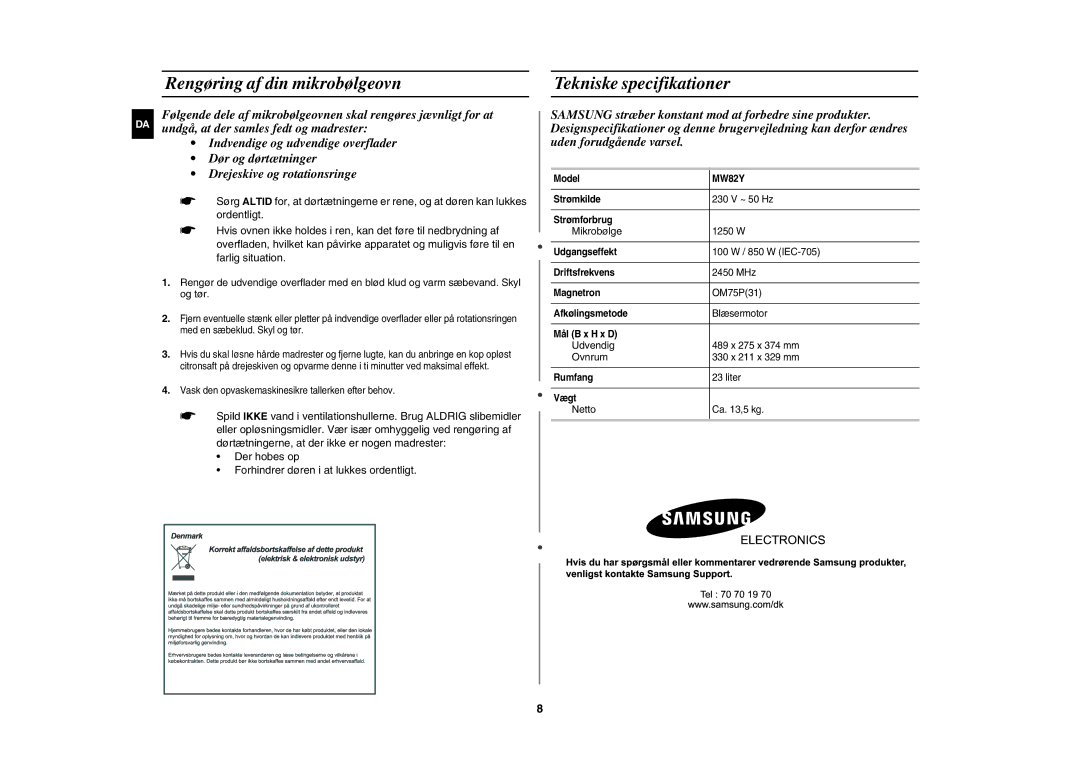 Samsung MW82Y/XEE, MW82Y-S/XEE manual Rengøring af din mikrobølgeovn, Tekniske specifikationer 