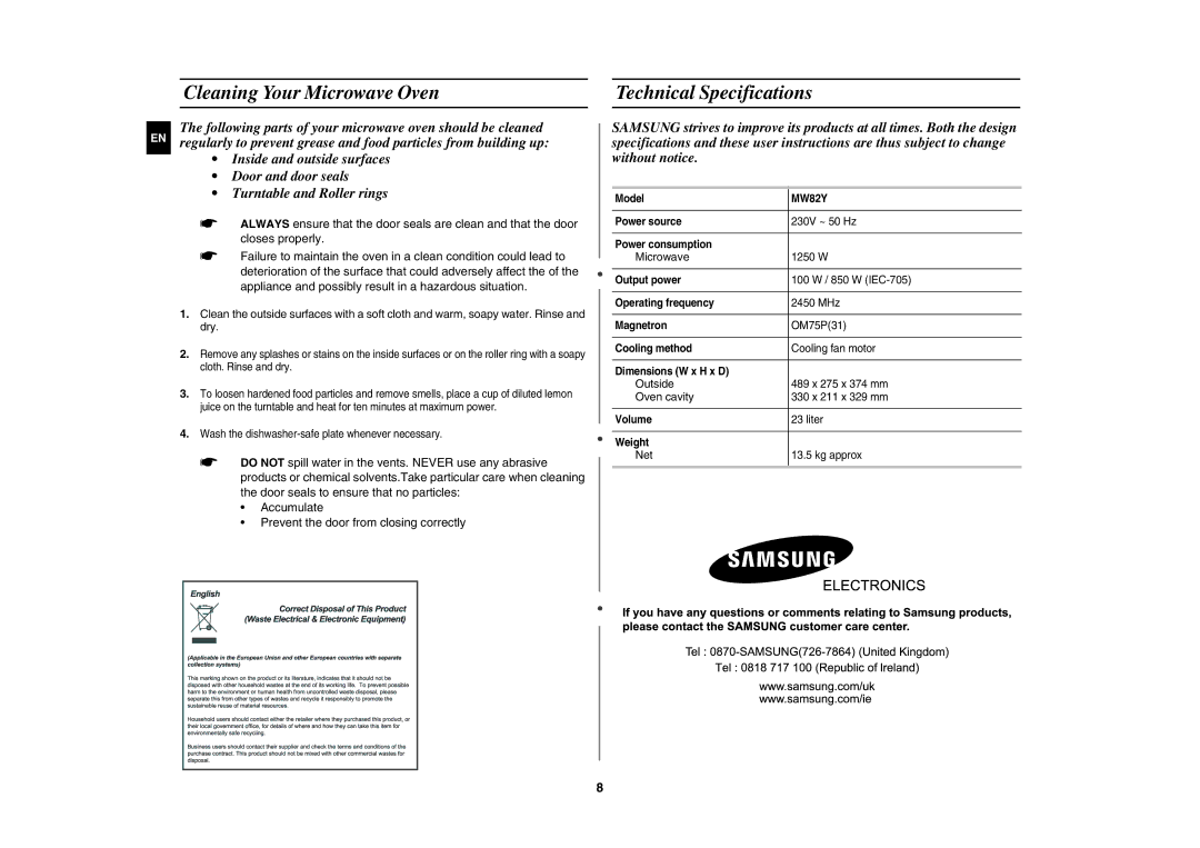 Samsung MW82Y/XEE, MW82Y-S/XEE manual Cleaning Your Microwave Oven, Technical Specifications 