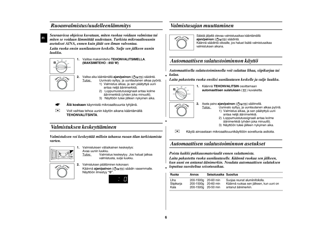 Samsung MW82Y/XEE, MW82Y-S/XEE Ruoanvalmistus/uudelleenlämmitys, Valmistuksen keskeyttäminen, Valmistusajan muuttaminen 