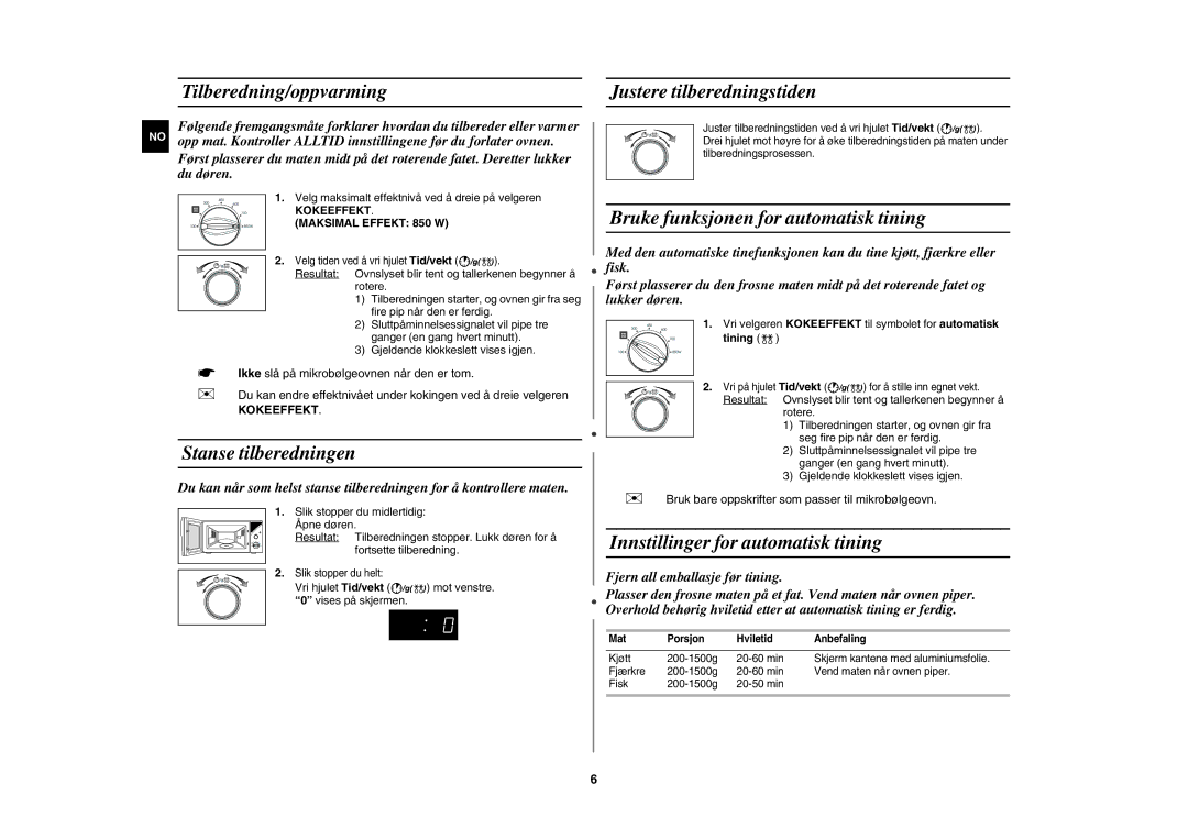 Samsung MW82Y/XEE, MW82Y-S/XEE manual Tilberedning/oppvarming Justere tilberedningstiden, Stanse tilberedningen, Tining 