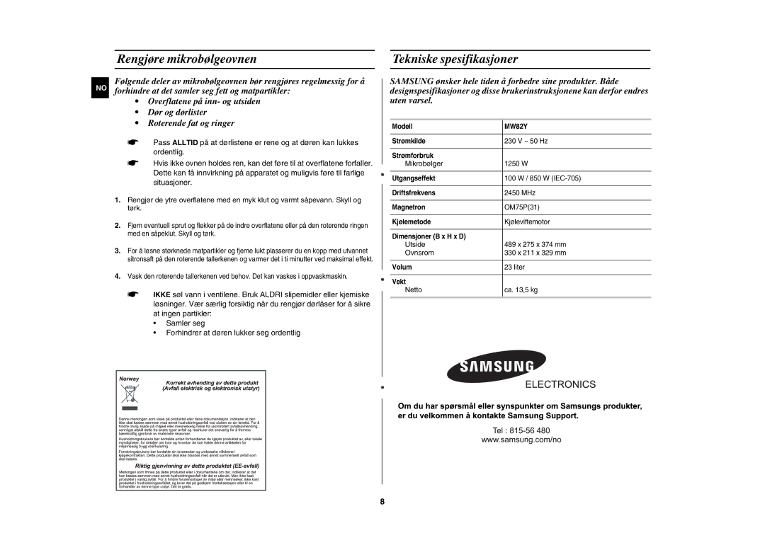 Samsung MW82Y/XEE, MW82Y-S/XEE manual Rengjøre mikrobølgeovnen, Tekniske spesifikasjoner 