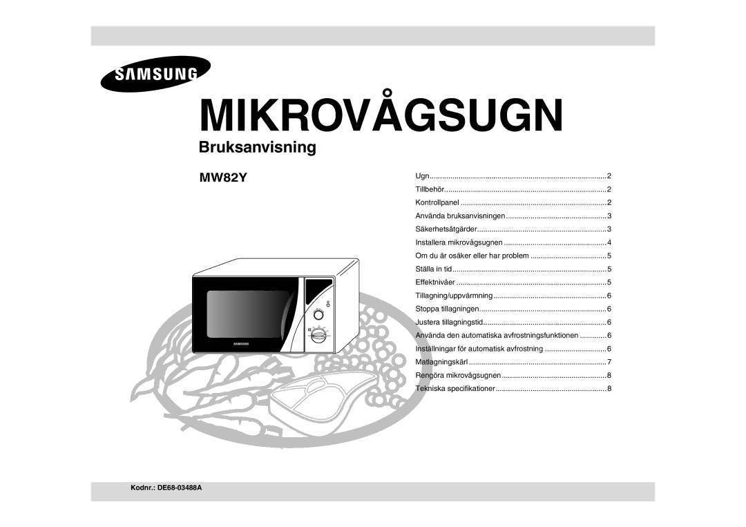 Samsung MW82Y-S/XEE, MW82Y/XEE manual Mikrovågsugn, Kodnr. DE68-03488A 