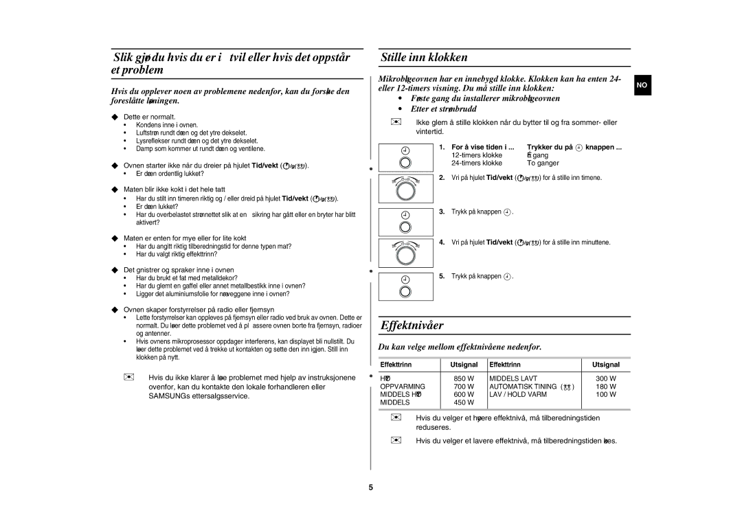 Samsung MW82Y-S/XEE, MW82Y/XEE manual Stille inn klokken, For å vise tiden Trykker du på, Utsignal 