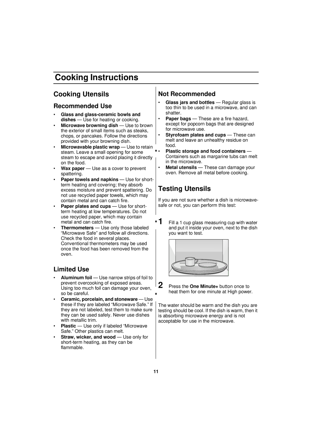 Samsung MW830BA manual Cooking Instructions, Cooking Utensils, Testing Utensils 