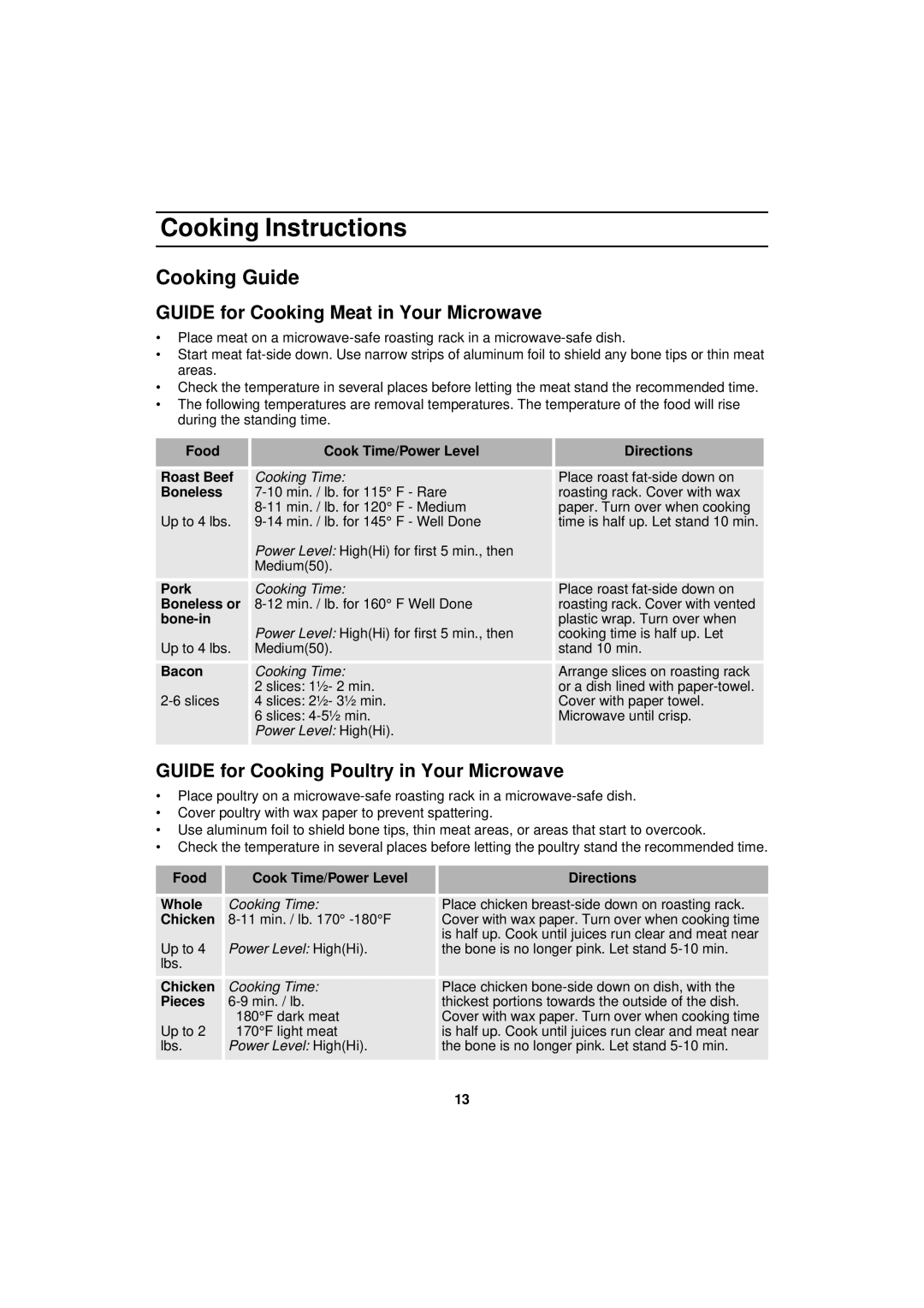 Samsung MW830BA manual Cooking Guide, Guide for Cooking Meat in Your Microwave, Guide for Cooking Poultry in Your Microwave 