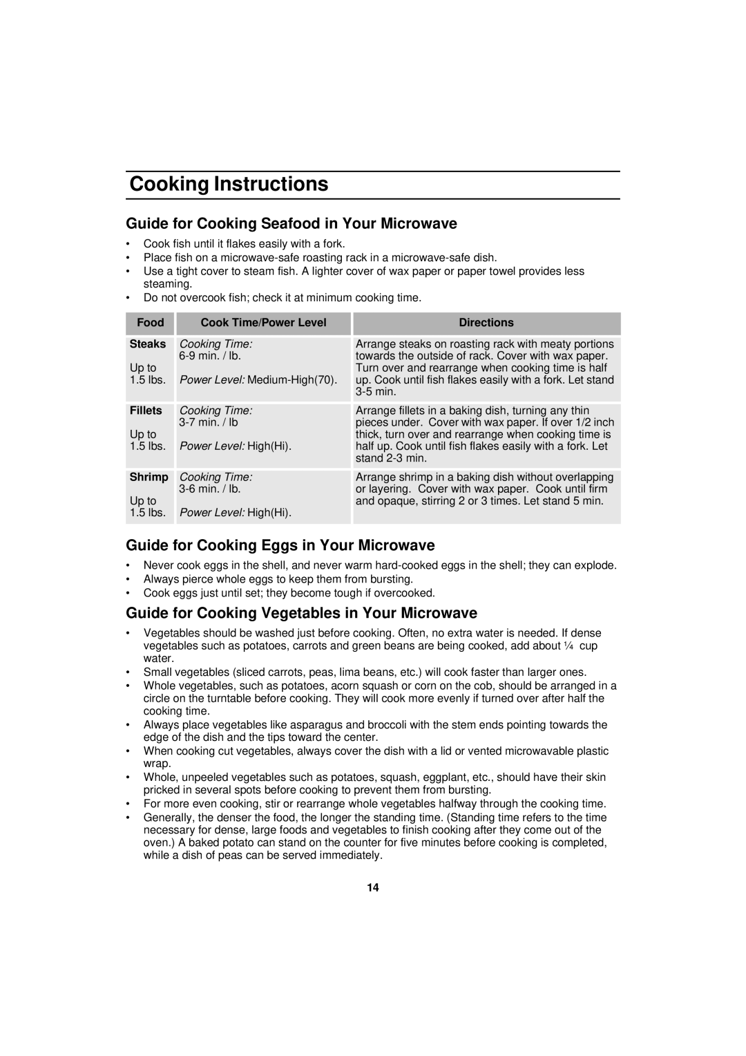 Samsung MW830BA manual Guide for Cooking Seafood in Your Microwave, Guide for Cooking Eggs in Your Microwave 