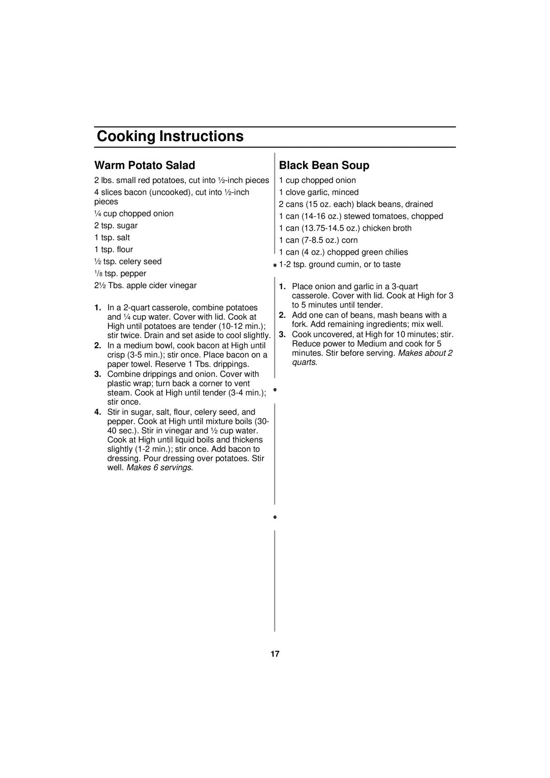 Samsung MW830BA manual Warm Potato Salad, Black Bean Soup 