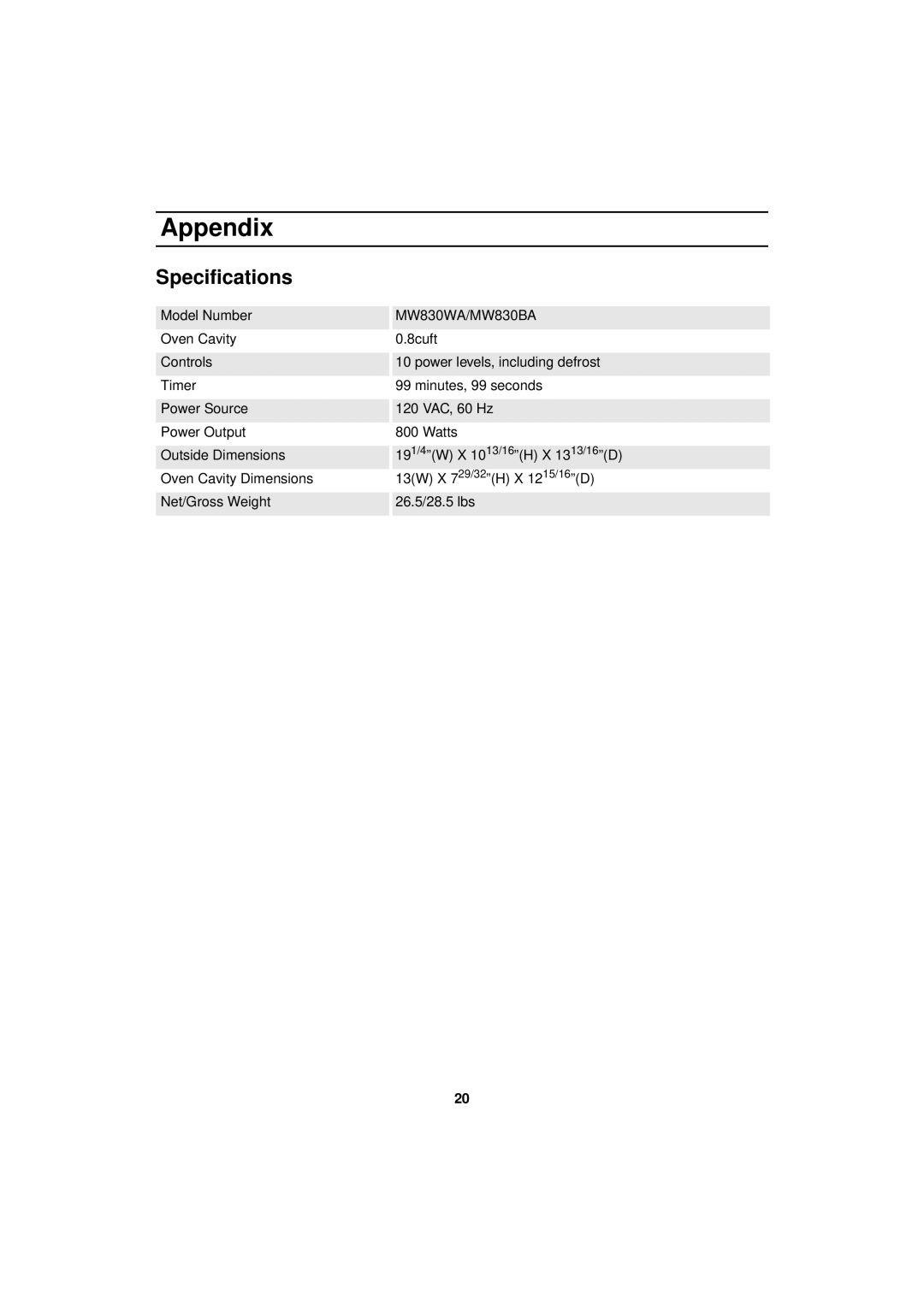 Samsung manual Specifications, MW830WA/MW830BA 