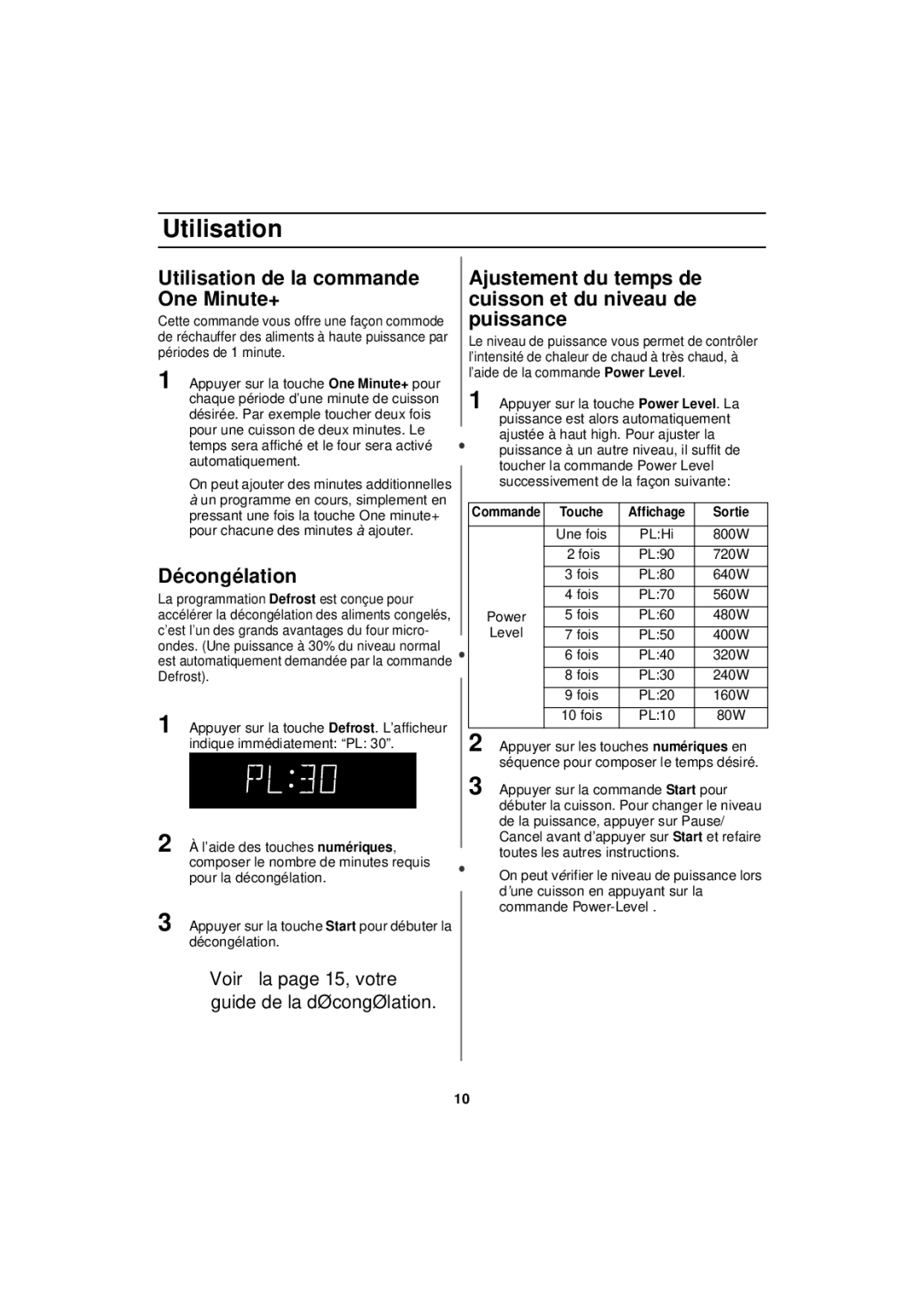 Samsung MW830BA manual Utilisation de la commande One Minute+, Décongélation, Touche Affichage Sortie 