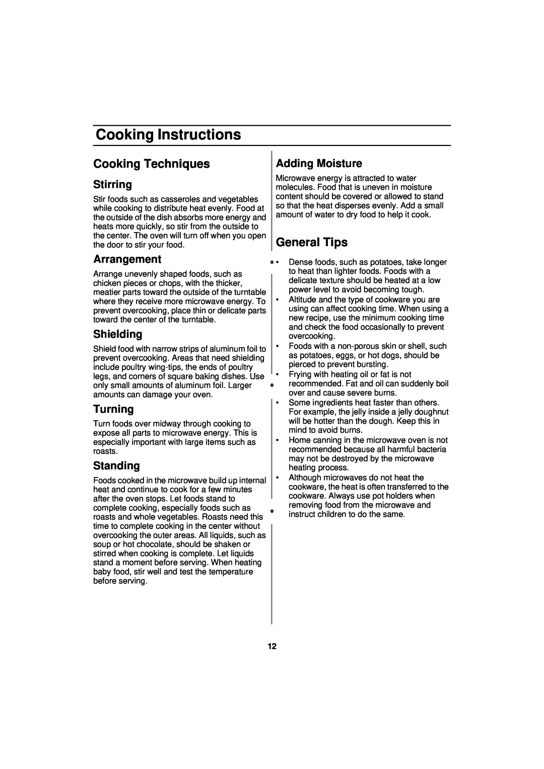 Samsung MW830BA Cooking Techniques, General Tips, Stirring, Adding Moisture, Arrangement, Shielding, Turning, Standing 