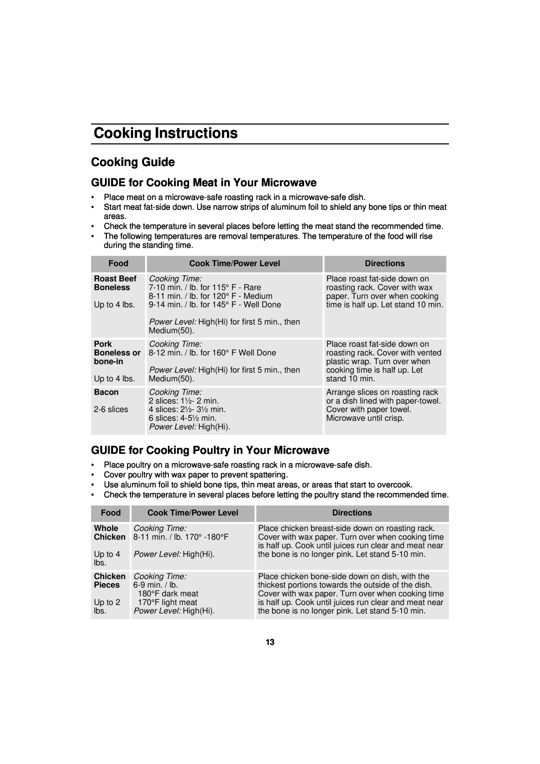 Samsung MW830BA manual Cooking Guide, GUIDE for Cooking Meat in Your Microwave, GUIDE for Cooking Poultry in Your Microwave 
