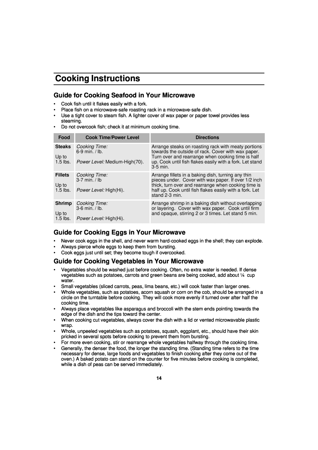 Samsung MW830BA manual Guide for Cooking Seafood in Your Microwave, Guide for Cooking Eggs in Your Microwave 