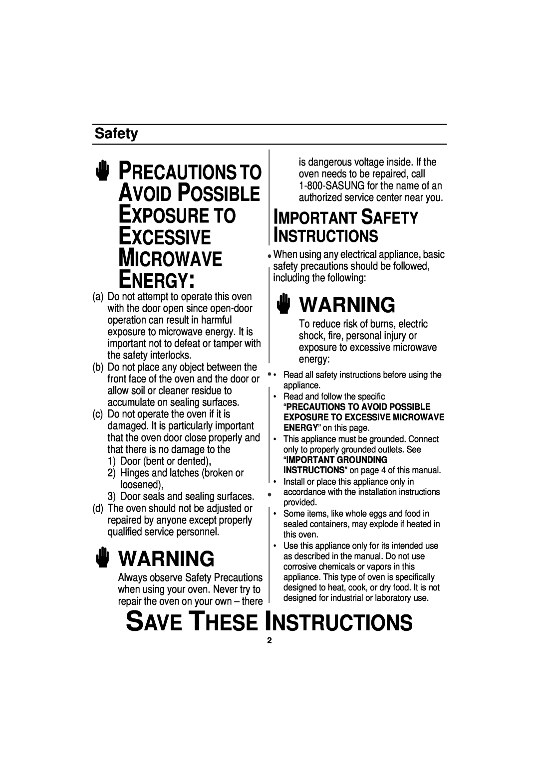 Samsung MW830BA Save These Instructions, Exposure To Excessive Microwave Energy, Precautions To Avoid Possible, Safety 