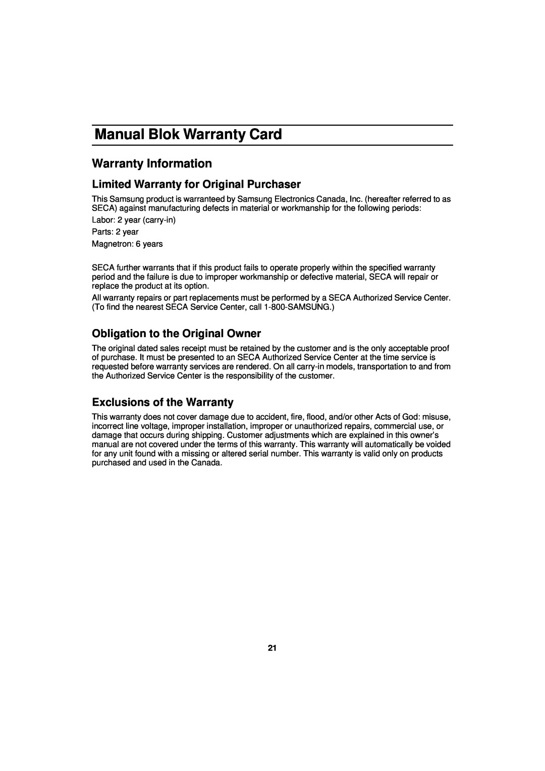 Samsung MW830BA manual Manual Blok Warranty Card, Warranty Information, Limited Warranty for Original Purchaser 