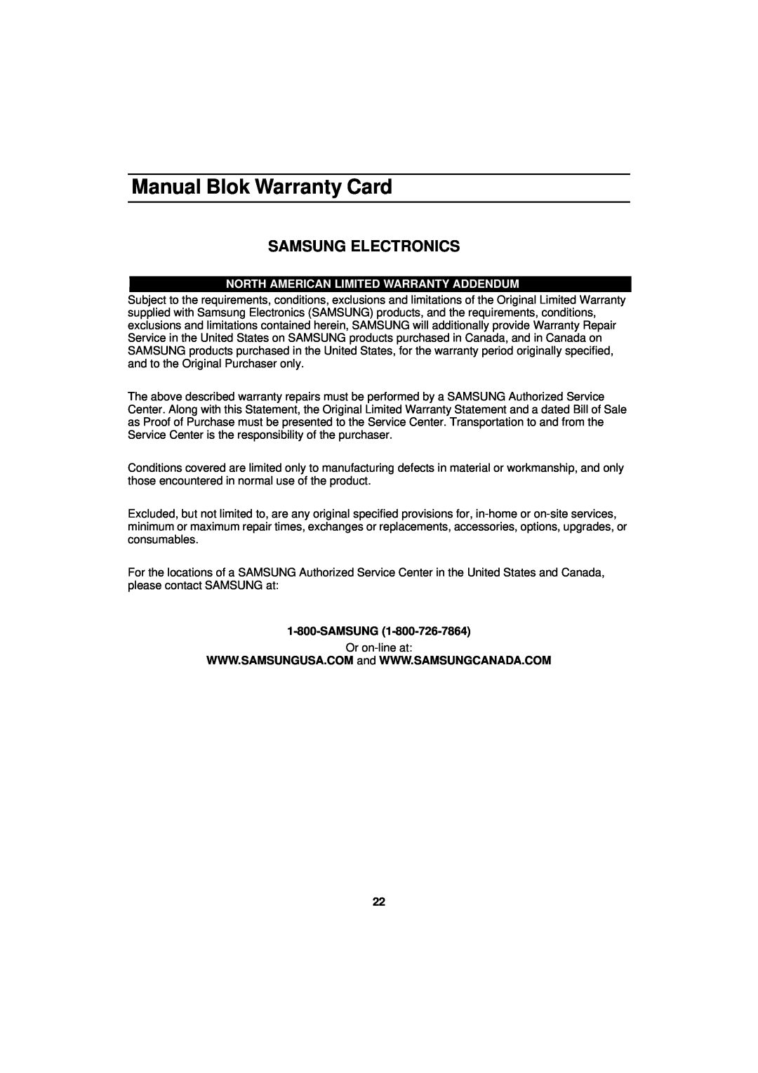 Samsung MW830BA manual Samsung Electronics, Manual Blok Warranty Card, North American Limited Warranty Addendum 