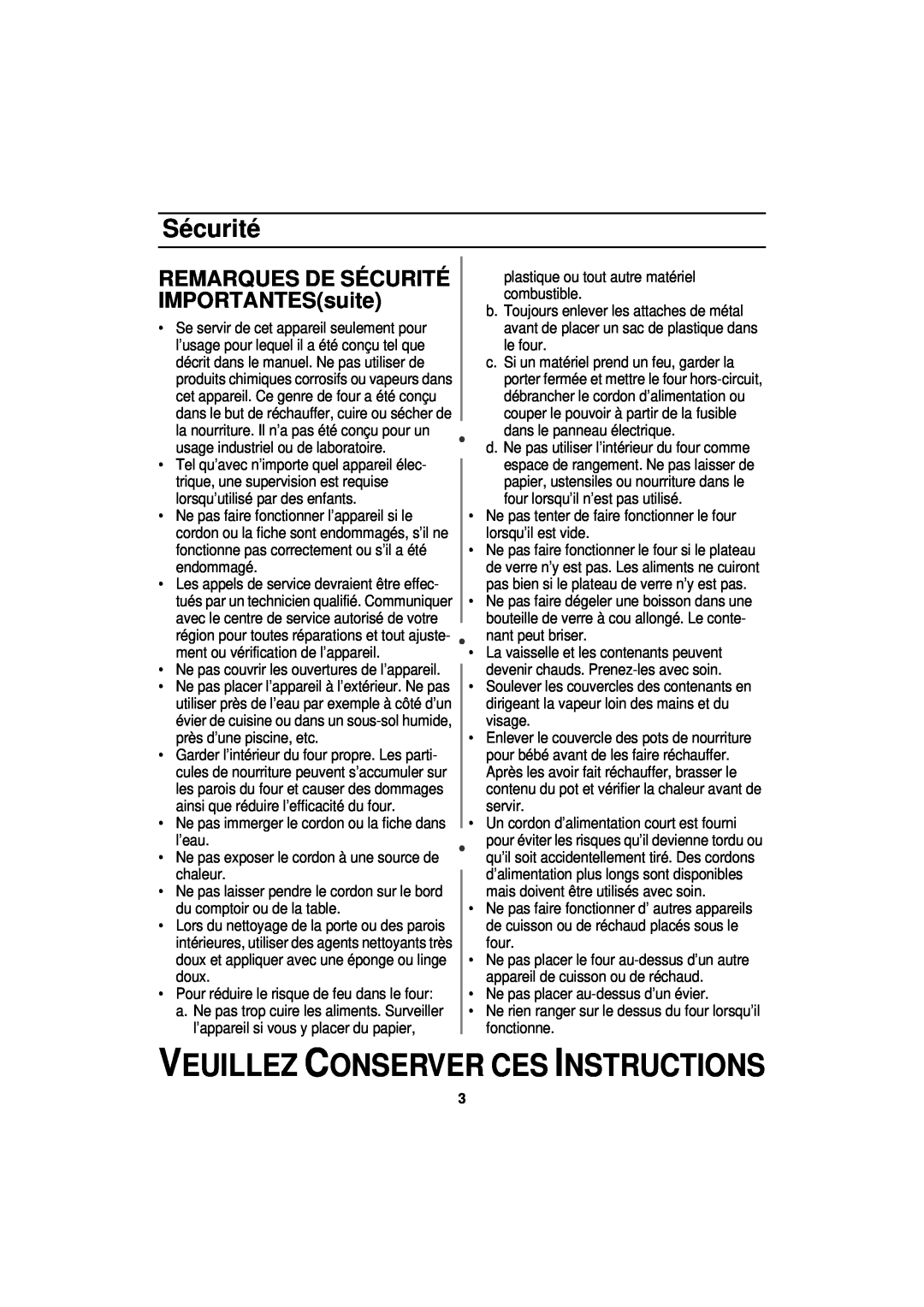Samsung MW830BA manual REMARQUES DE SÉCURITÉ IMPORTANTESsuite, Veuillez Conserver Ces Instructions, Sécurité 