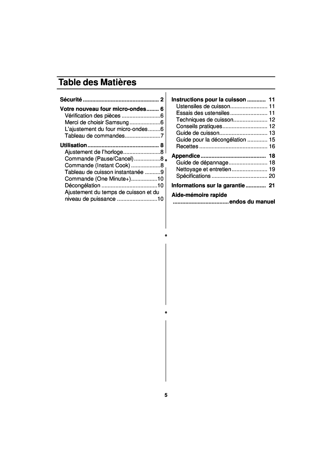 Samsung MW830BA manual Table des Matières, Instructions pour la cuisson, Aide-mémoire rapide 