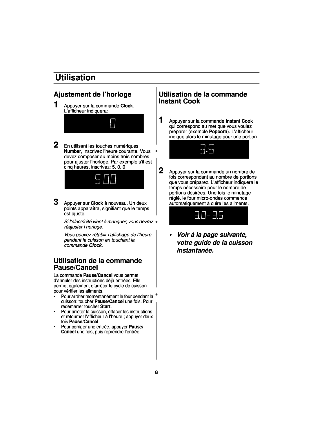 Samsung MW830BA manual Ajustement de l’horloge, Utilisation de la commande Pause/Cancel 