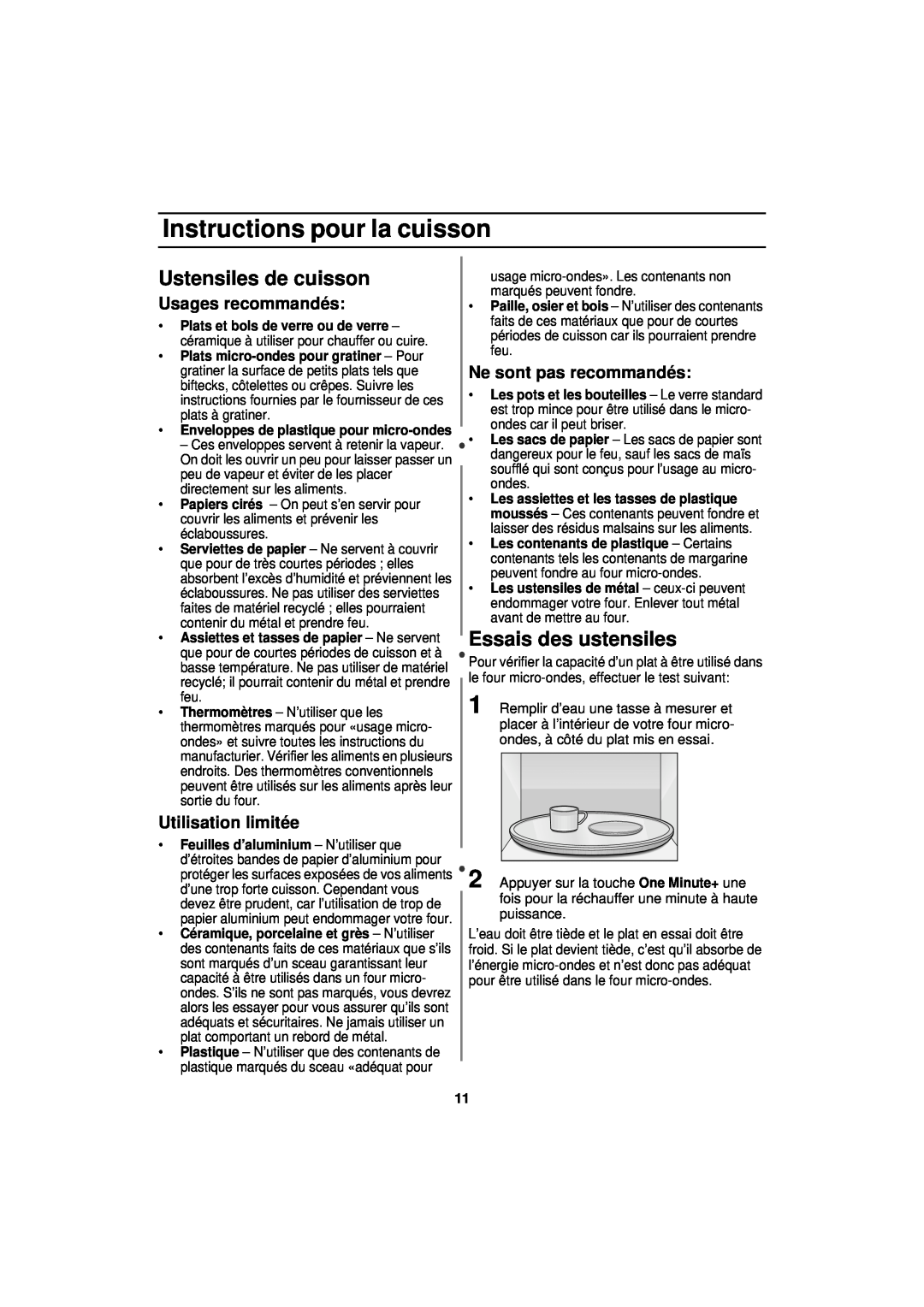 Samsung MW830BA manual Instructions pour la cuisson, Ustensiles de cuisson, Essais des ustensiles 