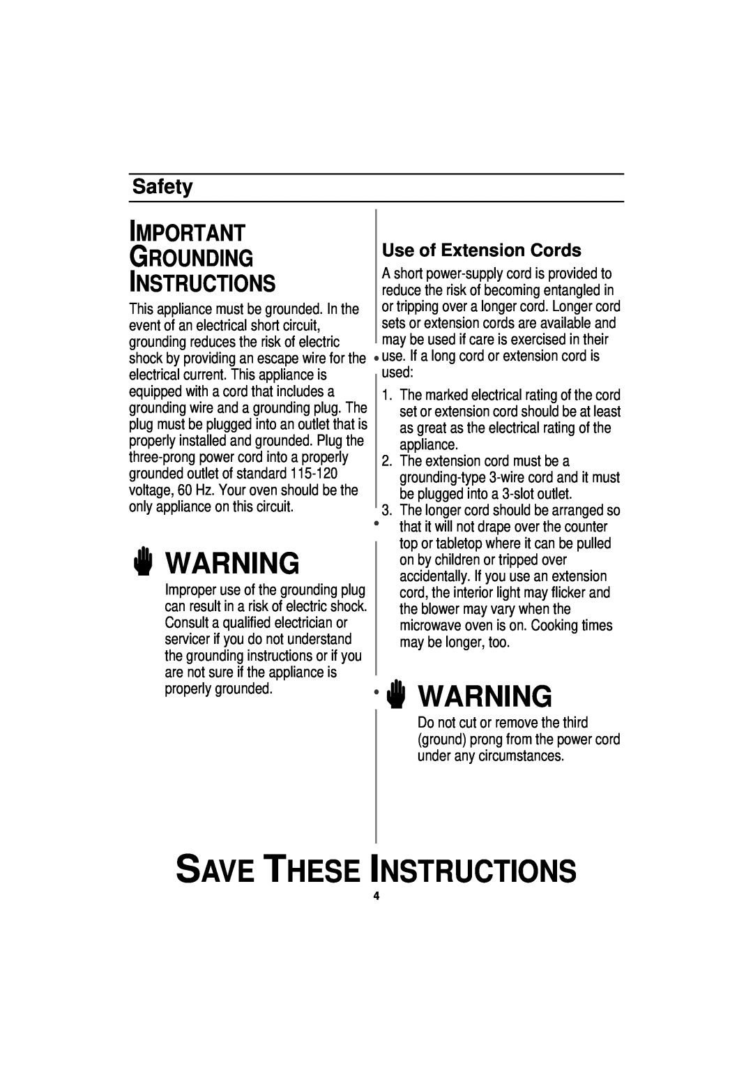 Samsung MW830BA manual Grounding Instructions, Use of Extension Cords, Save These Instructions, Safety 