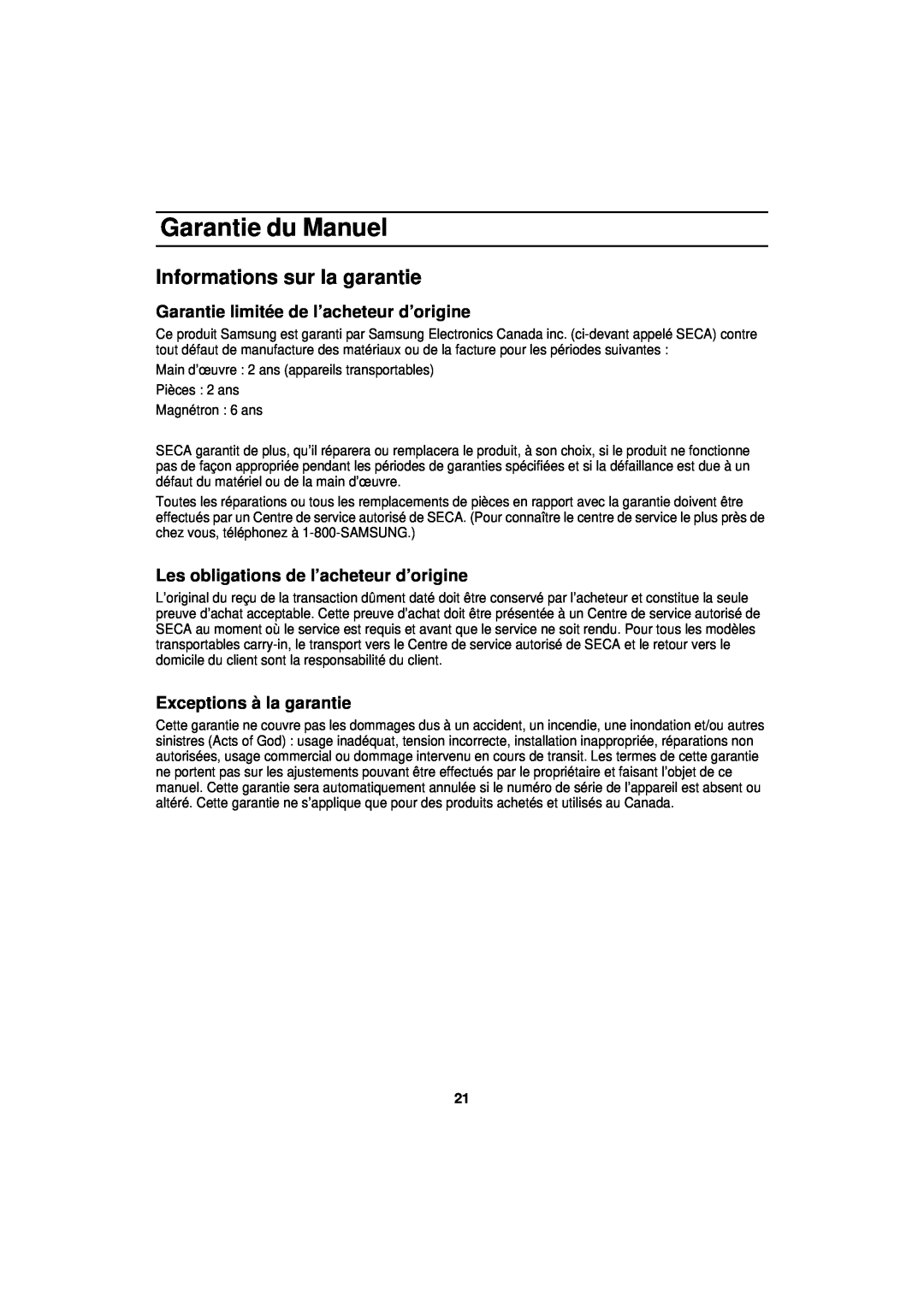 Samsung MW830BA manual Garantie du Manuel, Informations sur la garantie 