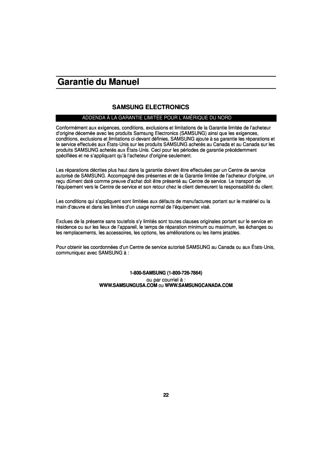 Samsung MW830BA manual Garantie du Manuel, Samsung Electronics, Addenda À La Garantie Limitée Pour L’Amérique Du Nord 