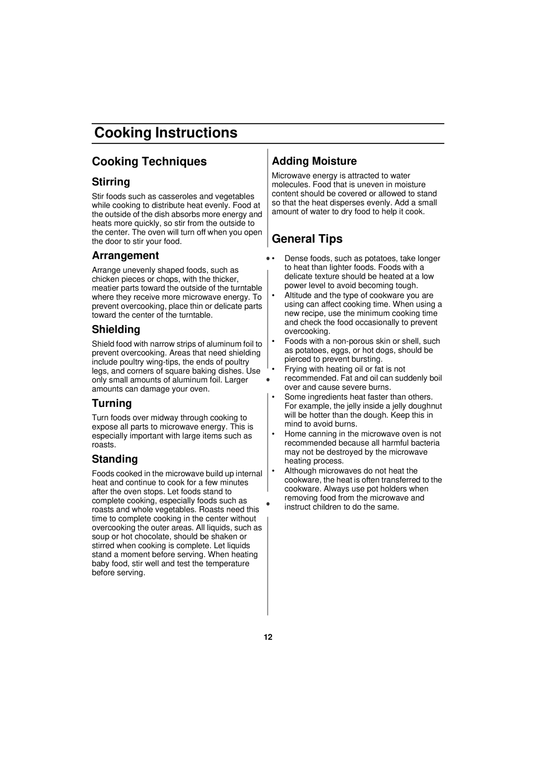 Samsung MW830WA owner manual Cooking Techniques, General Tips 