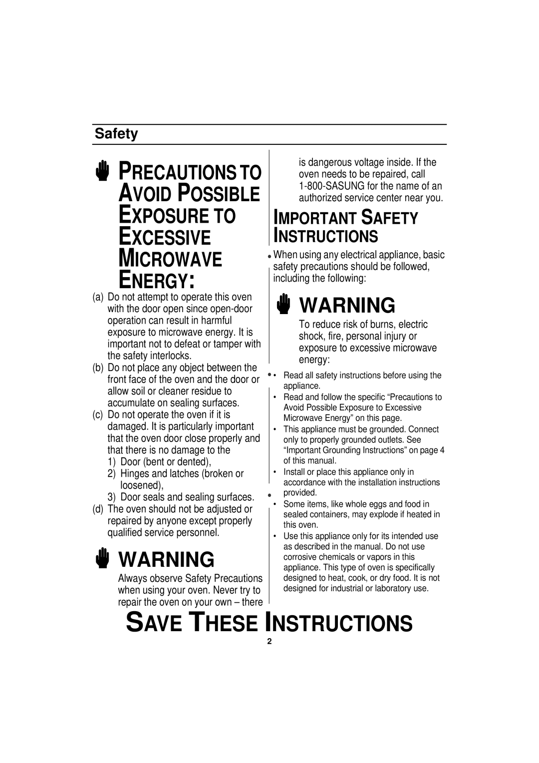 Samsung MW830WA owner manual Exposure to Excessive Microwave Energy, Safety 