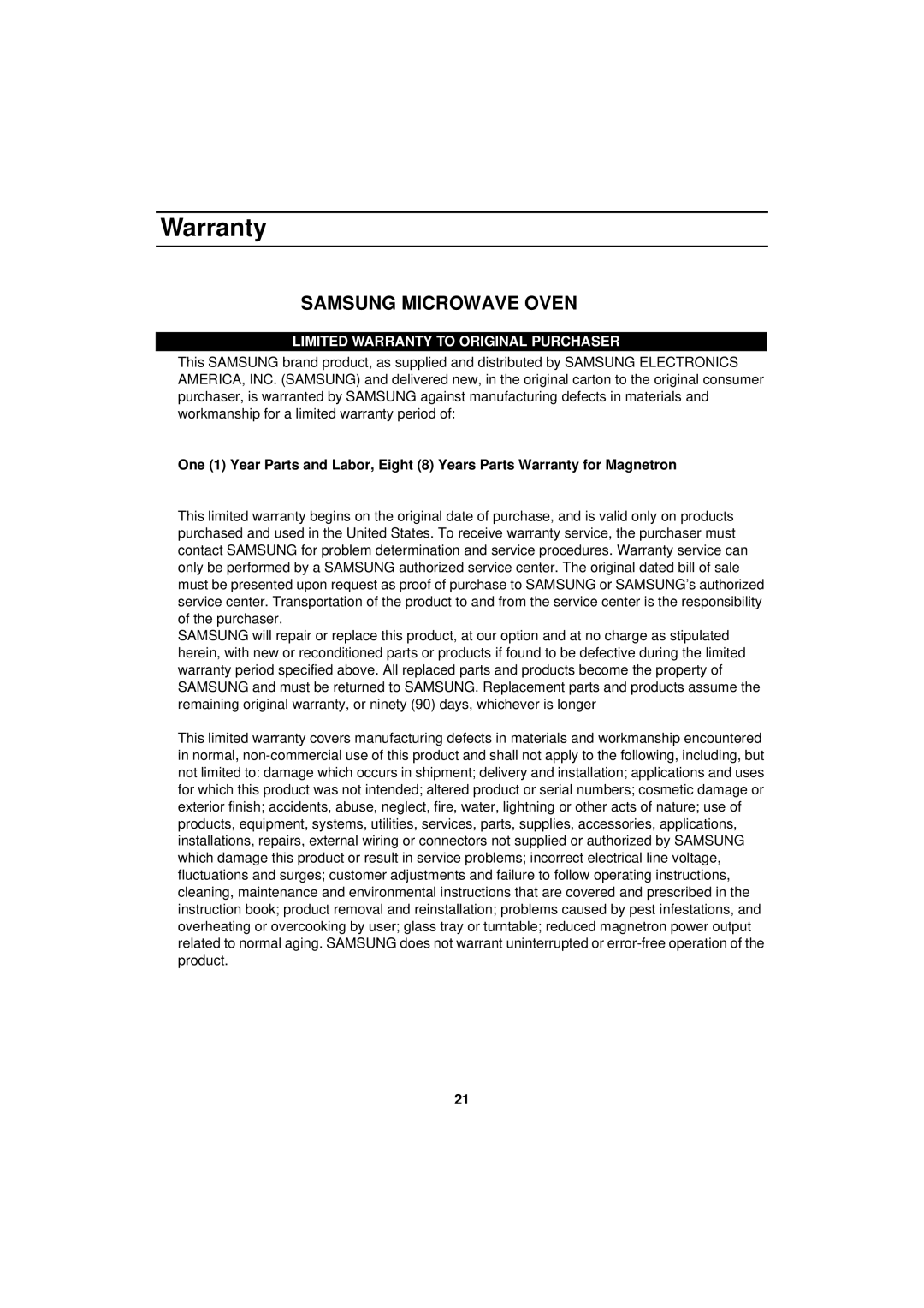 Samsung MW830WA owner manual Warranty, Samsung Microwave Oven 