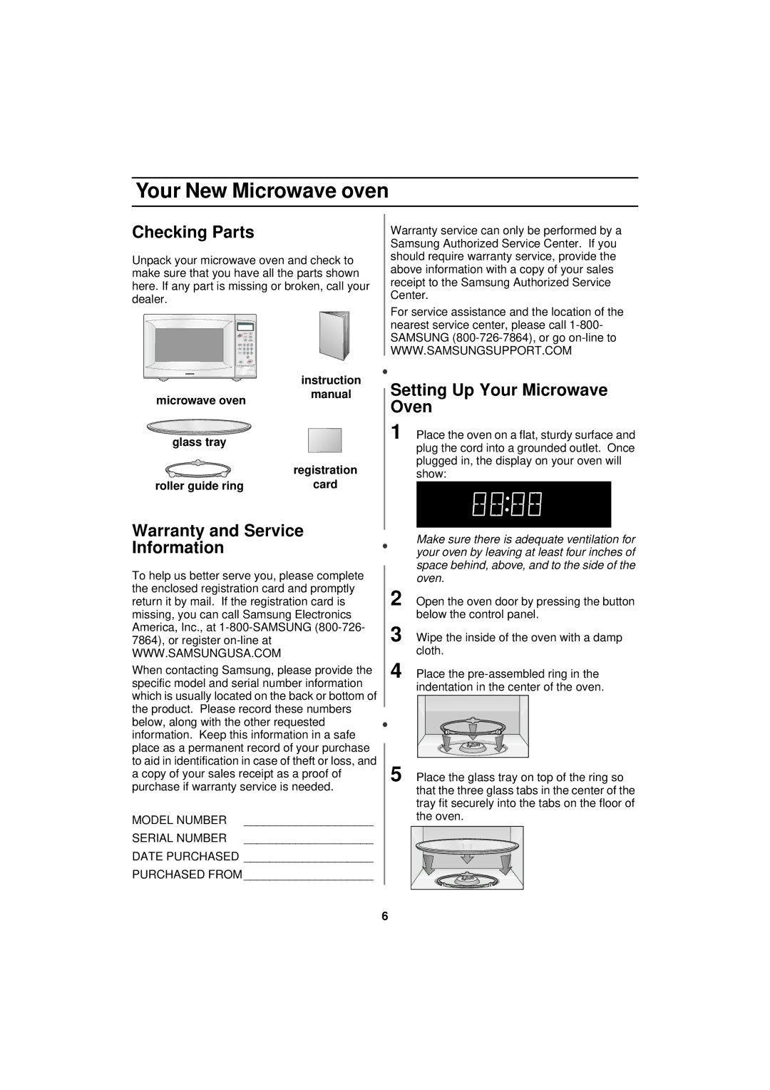 Samsung MW830WA Your New Microwave oven, Checking Parts, Warranty and Service Information, Setting Up Your Microwave Oven 