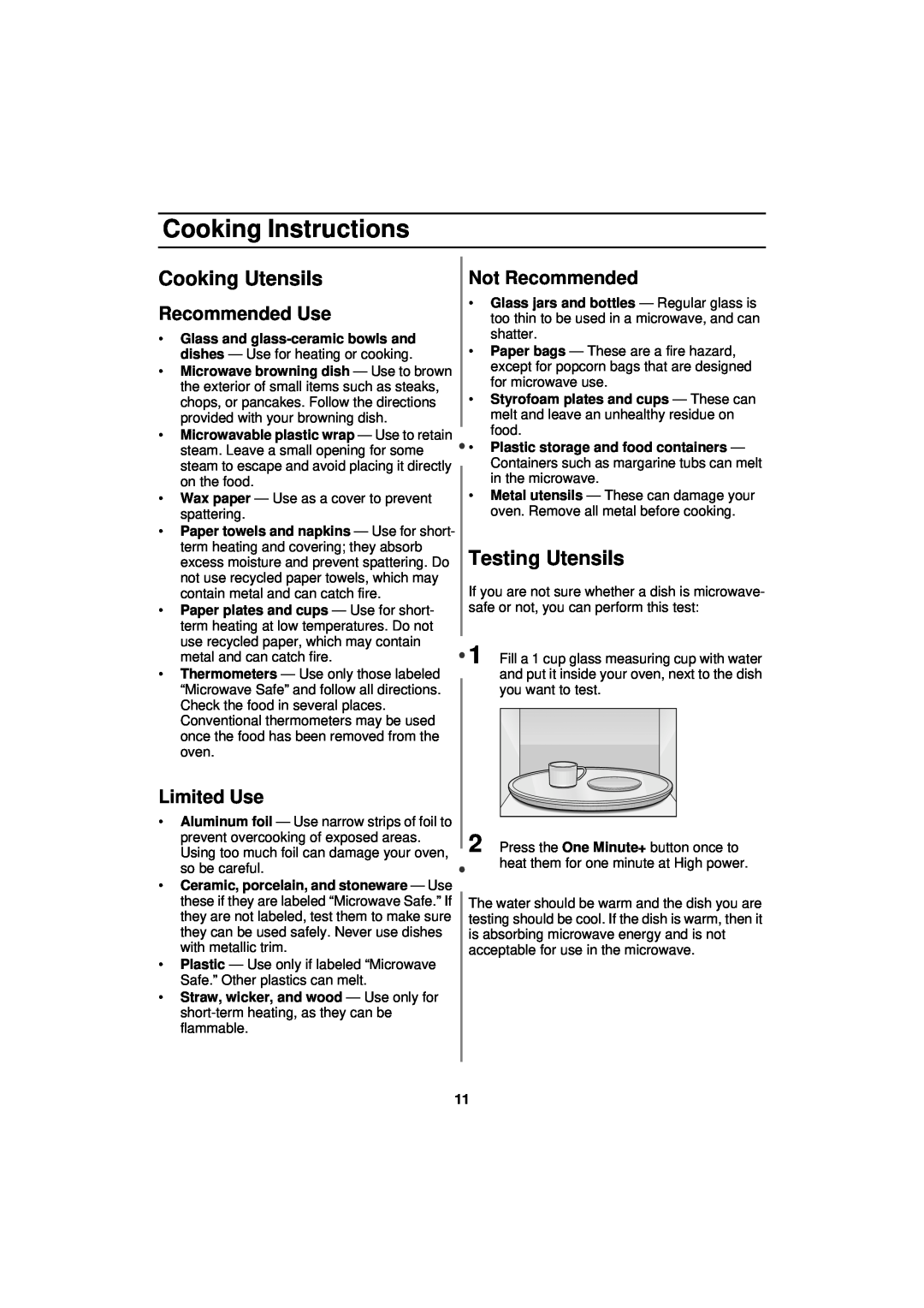 Samsung MW830WA Cooking Instructions, Cooking Utensils, Testing Utensils, Not Recommended, Recommended Use, Limited Use 