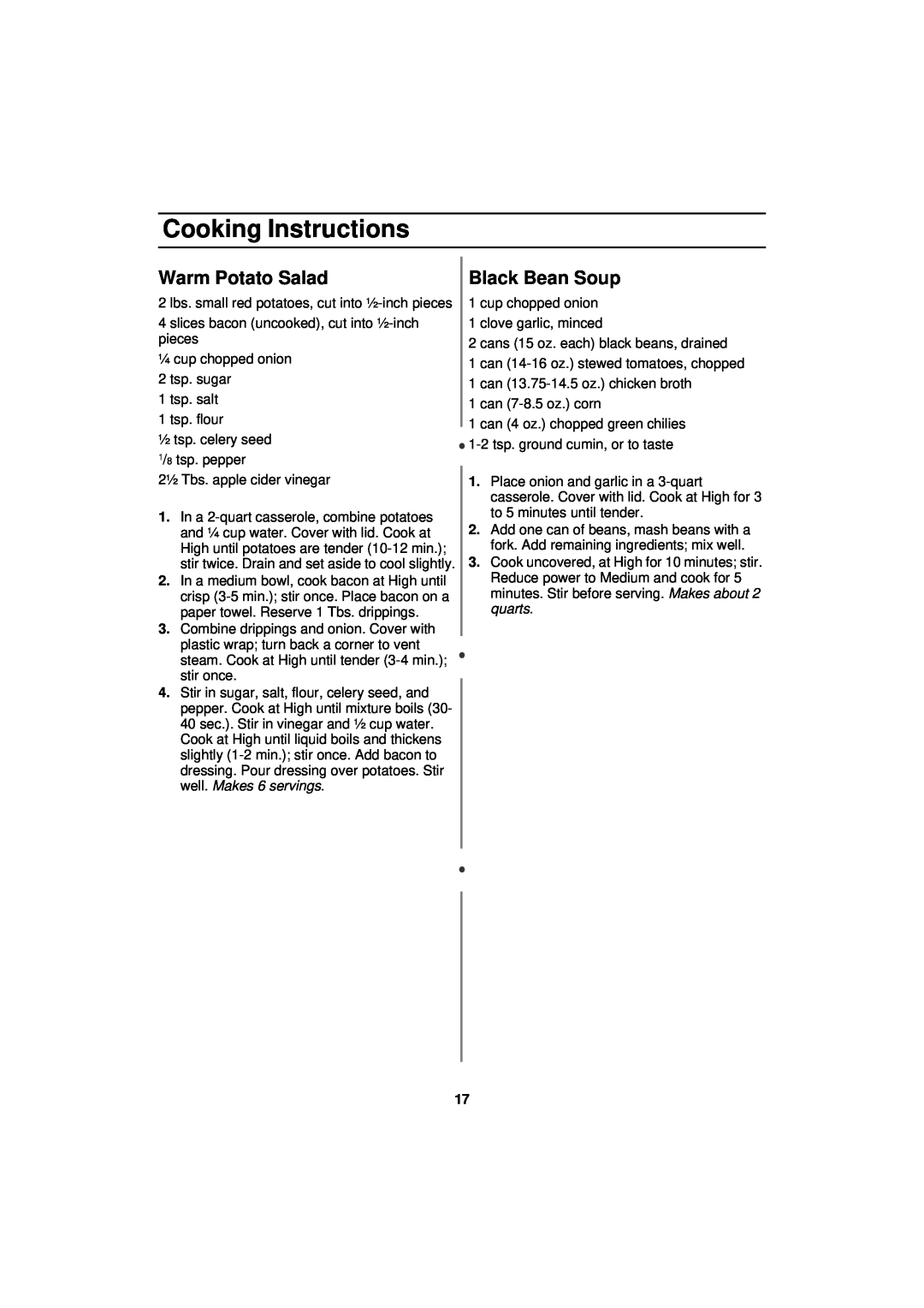 Samsung MW830WA owner manual Warm Potato Salad, Black Bean Soup, Cooking Instructions 