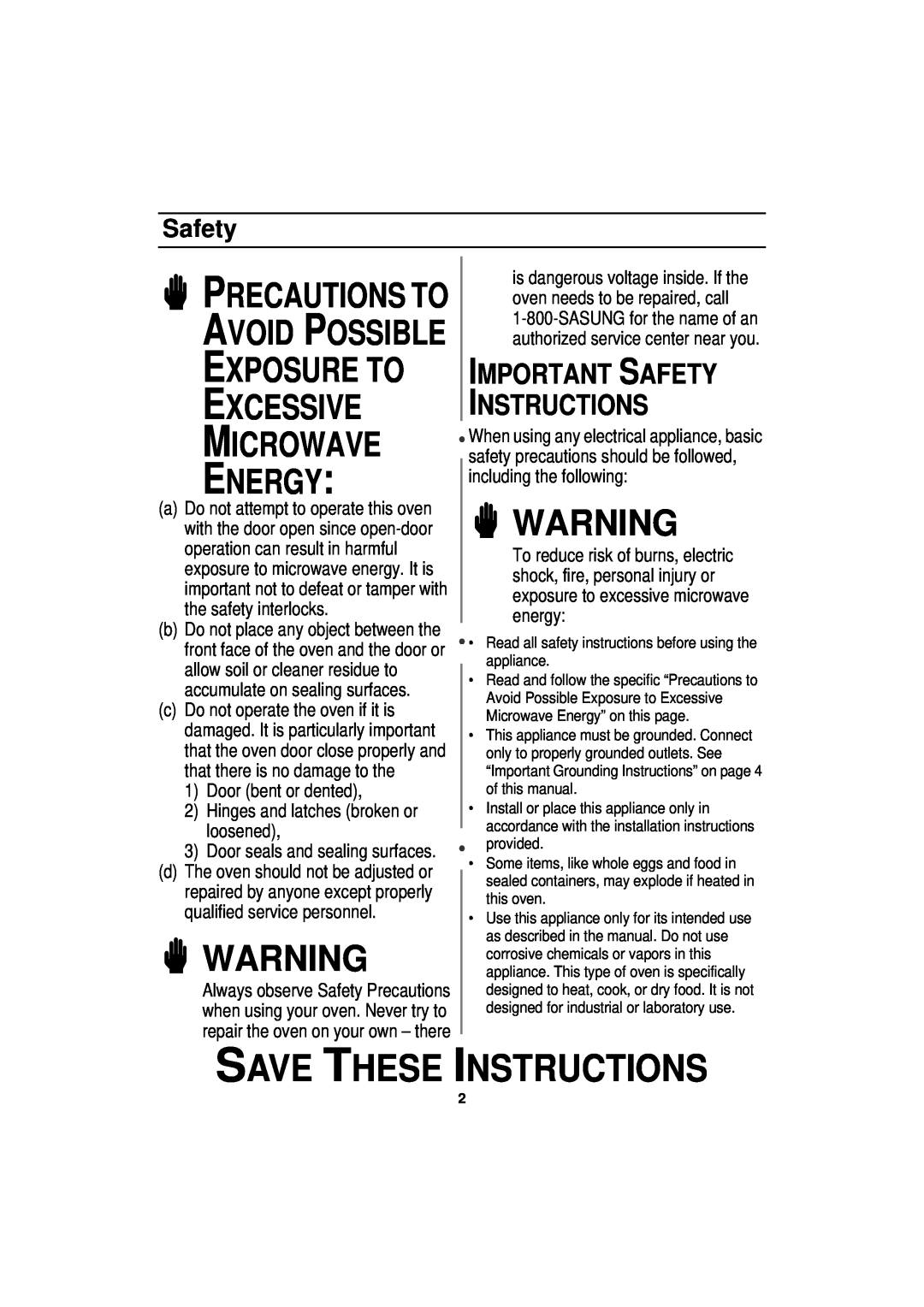 Samsung MW830WA owner manual Save These Instructions, Precautions To Avoid Possible, Important Safety Instructions 