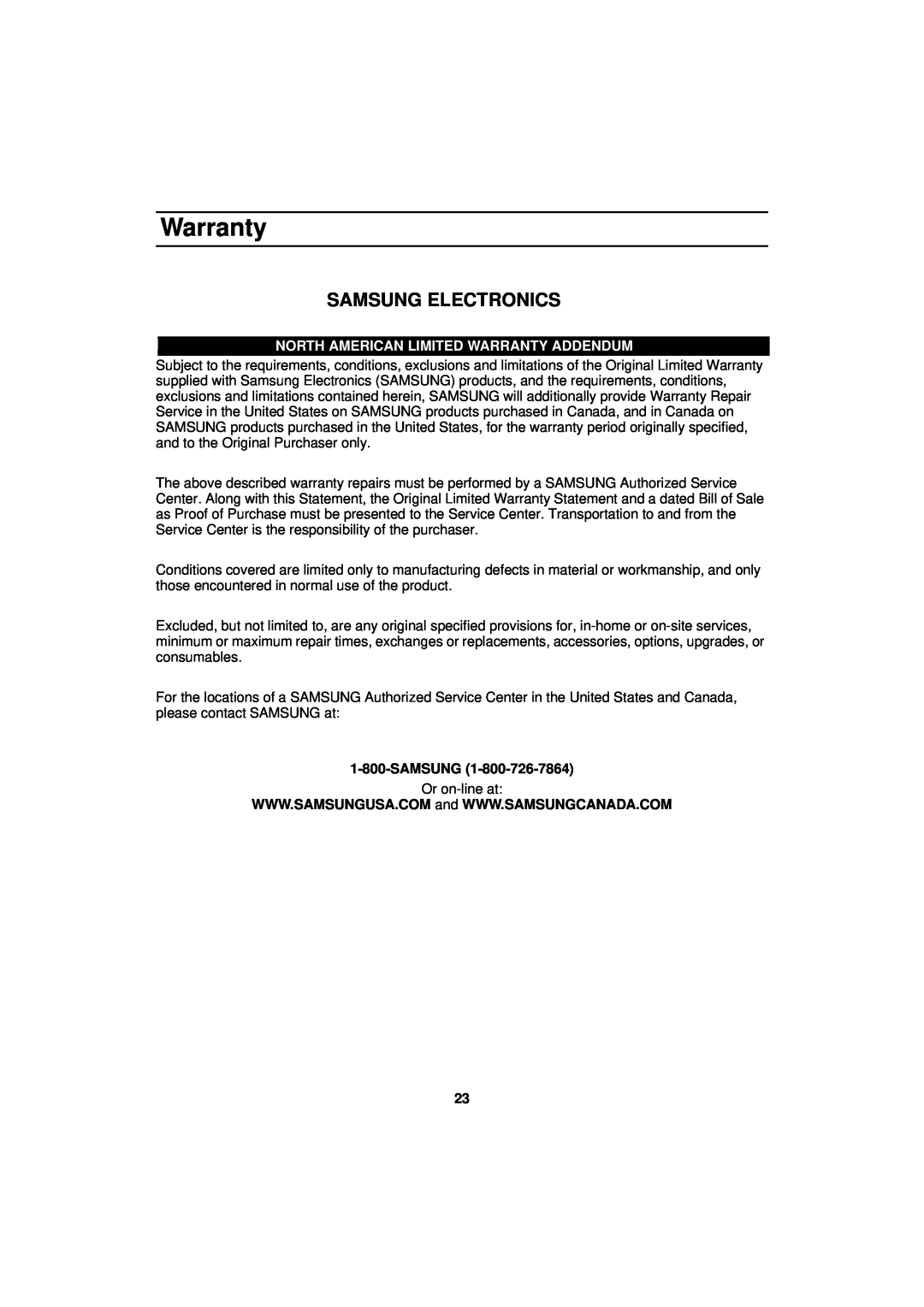 Samsung MW830WA owner manual Samsung Electronics, North American Limited Warranty Addendum 