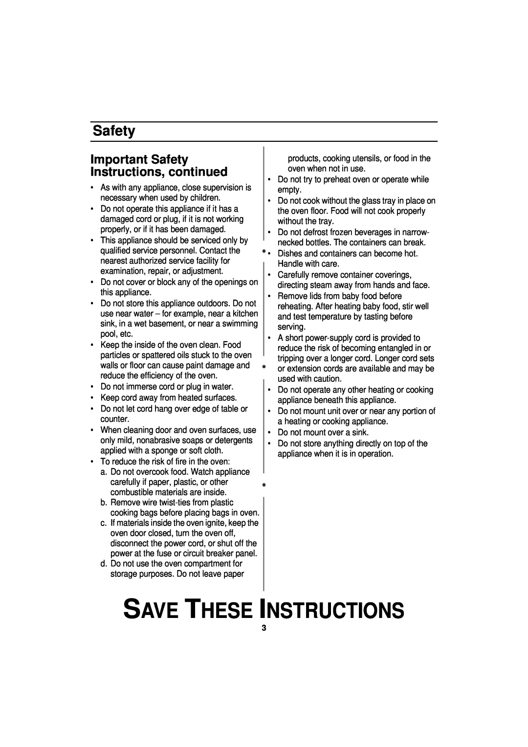 Samsung MW830WA owner manual Save These Instructions, Important Safety Instructions, continued 