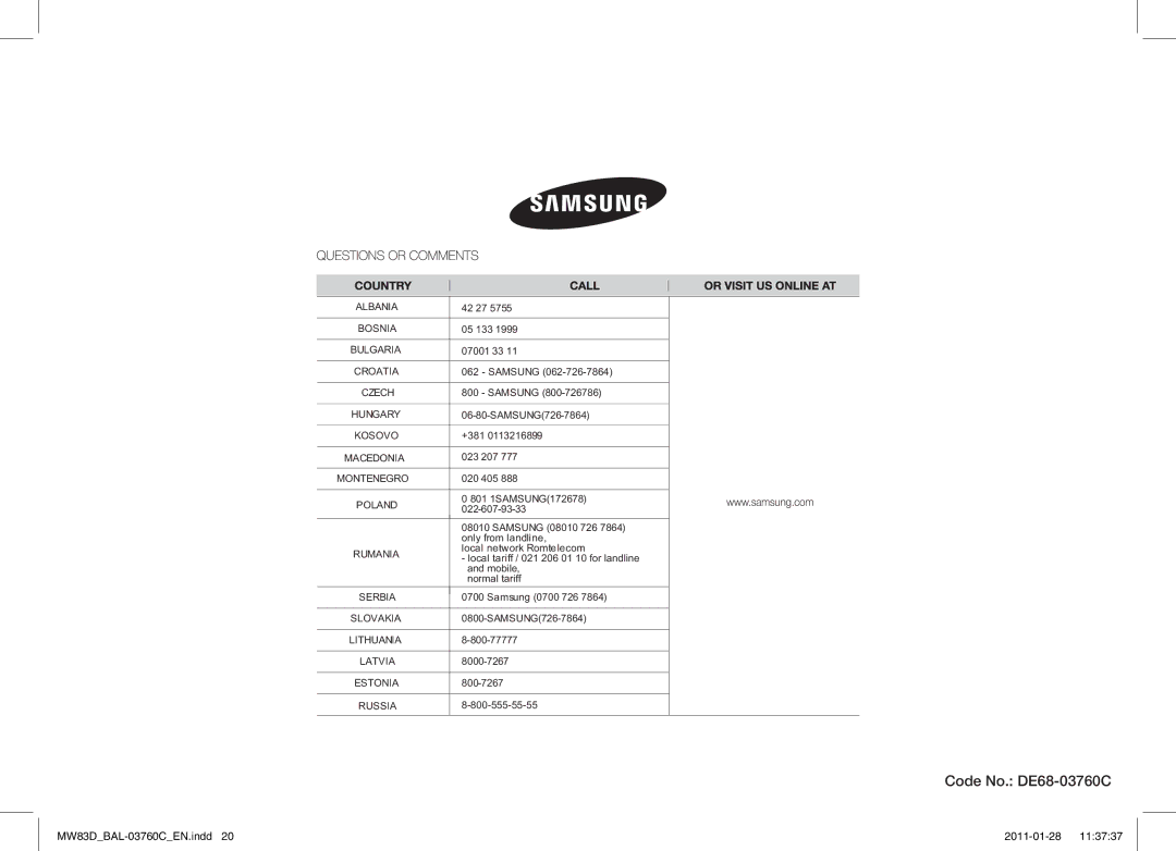 Samsung MW83D/BAL manual Code No. DE68-03760C 