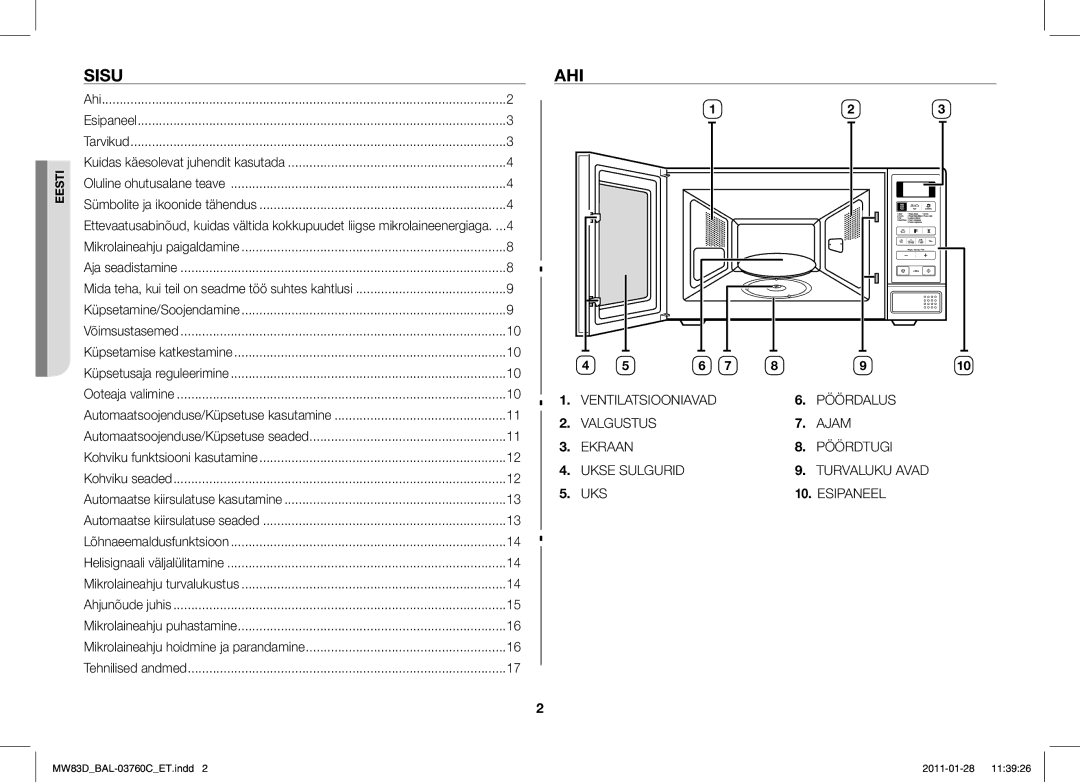 Samsung MW83D/BAL manual Sisu, Ahi 