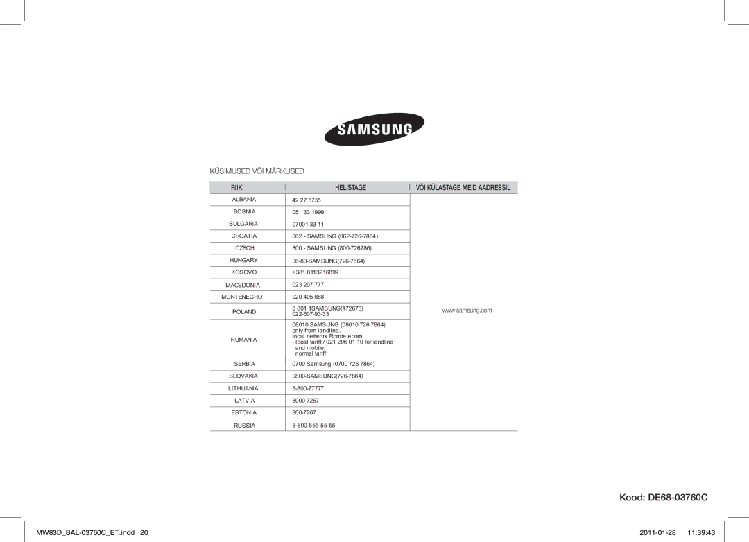 Samsung MW83D/BAL manual Kood DE68-03760C, Albania 