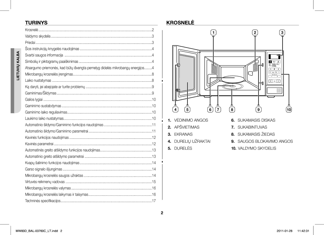 Samsung MW83D/BAL manual Turinys, Krosnelė 